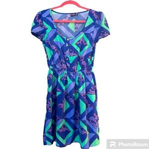 Sanrio Hello Kitty sz M blue and teal geometric print dress with pockets